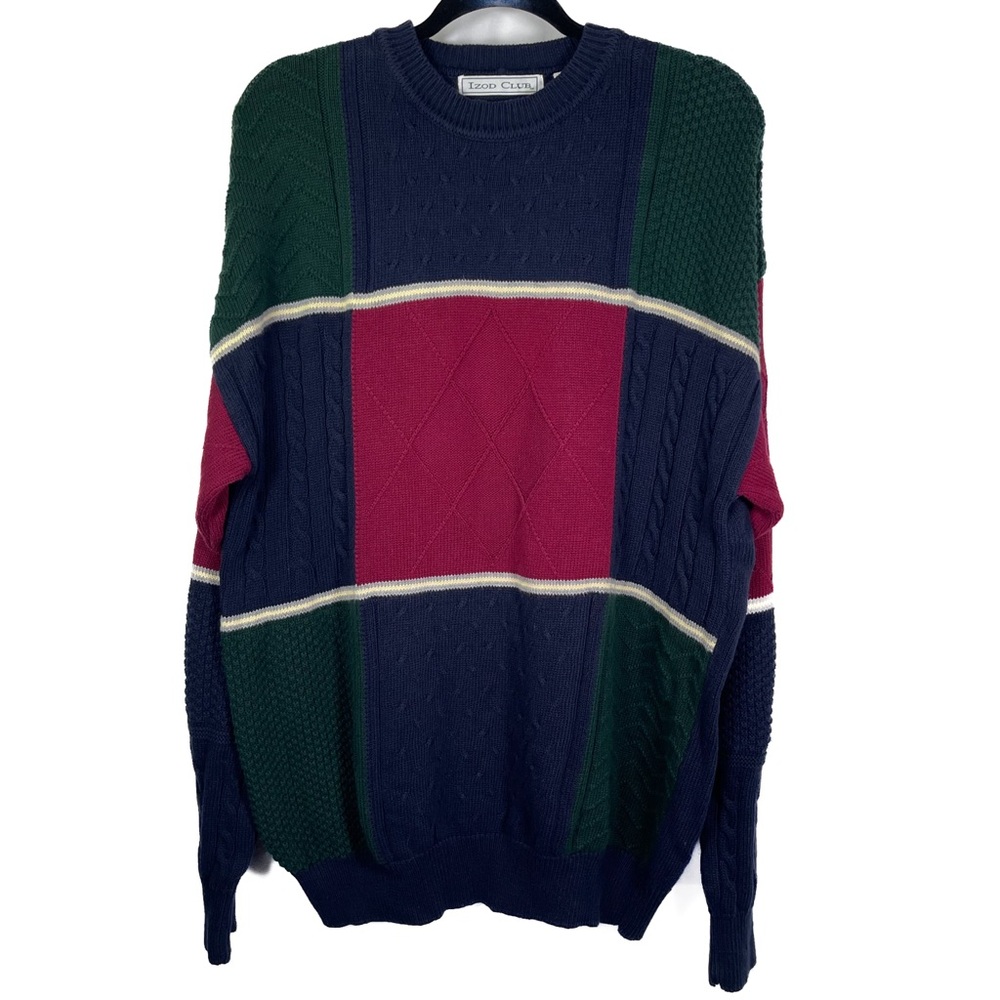 Vintage Izod‎ Club 3D Knit Multicolor Sweater Golf Cable knit Colorblock XL